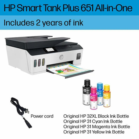 Wireless All-In-One Printer With Refillable Ink Tanks, 2 Years Of Ink Included, with ink bottles and power cord displayed