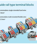 Guide rail type terminal blocks for 0.5-4mm² and 0.5-2.5mm² wires in a 10 Pack 2 In 4 Out Push Lever Wire Connectors Din Rail Mount.