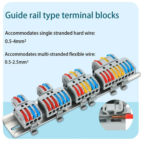 Guide rail type terminal blocks for 0.5-4mm² and 0.5-2.5mm² wires in a 10 Pack 2 In 4 Out Push Lever Wire Connectors Din Rail Mount.