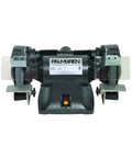 Badass 8 Inch Bench Grinder With Rock Solid 3 4hp Three Phase Motor And Slick Dust Extraction Setup For Heavy Metal Fabrication and Tilt Angled Grinds In Your Workshop front view.