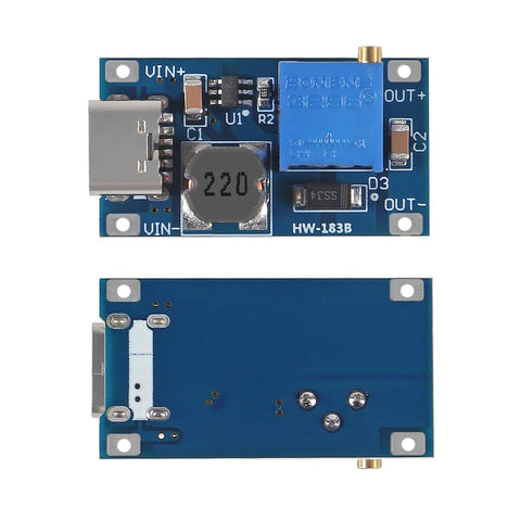 Type C DC DC Boost Module With MT3608 Adjustable Step Up Converter Delivers 2A Output From 2V To 24V Input And 5V 9V 12V 28V Output Via USB Type C Power Port For DIY Electronics And Hobby Projects, top and bottom view