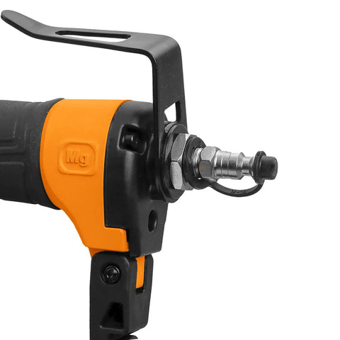 Second Gen Pneumatic 16 Gauge Two And A Half Inch Straight Finish Nailer with adjustable belt hook and air connector close-up