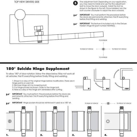 Top view diagram of 180° Suicide Hinge Supplement installation for Super Heavy Duty Universal Hidden Hinge Kit for Double Doors.