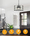 Three Light Farmhouse Drum Chandelier With White Drum Shade In Black Metal And Wood Finish Adjustable Height From 18 Inches To 70.5 Inches The Real Deal For Living Room Dining Room Kitchen Island And Foyers in modern foyer