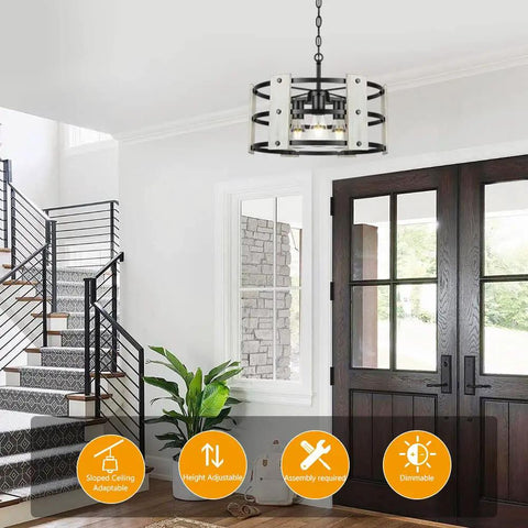 Three Light Farmhouse Drum Chandelier With White Drum Shade In Black Metal And Wood Finish Adjustable Height From 18 Inches To 70.5 Inches The Real Deal For Living Room Dining Room Kitchen Island And Foyers in modern foyer