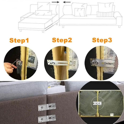 Heavy Duty Sofa Connector Clips With 160mm Screws For Sectional Furniture Brackets installation steps showing clips and sofa connection.