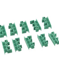 Rock Solid DIN Rail PCB Mounting Bracket 35mm Green Plastic Secure Vibration Resistant Mounting Clamp For Standard 35mm DIN Rails In Industrial Environments Easy Snap In Design For Quick Installation And Stable Performance In Dusty Harsh Environments. Pack of 5 green plastic 35mm DIN rail PCB mounting brackets
