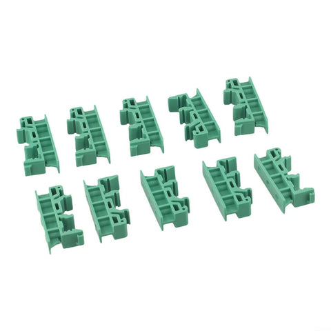 Rock Solid DIN Rail PCB Mounting Bracket 35mm Green Plastic Secure Vibration Resistant Mounting Clamp For Standard 35mm DIN Rails In Industrial Environments Easy Snap In Design For Quick Installation And Stable Performance In Dusty Harsh Environments. Pack of 5 green plastic 35mm DIN rail PCB mounting brackets