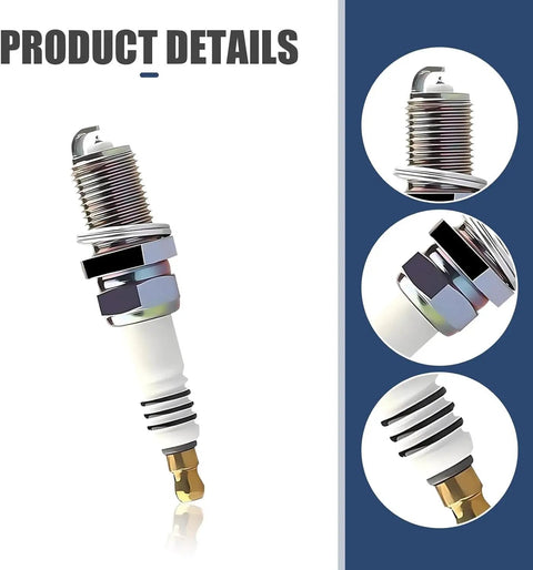 4 Pack Spark Plugs Replacement BKR5EIX11 5464 Spark Plug Set showing detailed close-ups of plug, thread, and contact tip.