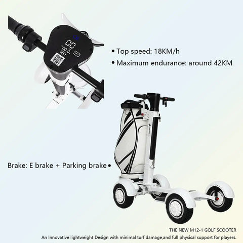 Foldable Electric Golf Cart With Tough Dual Motor Grip, 48V Extended Battery mounted with golf bag and control panel features.