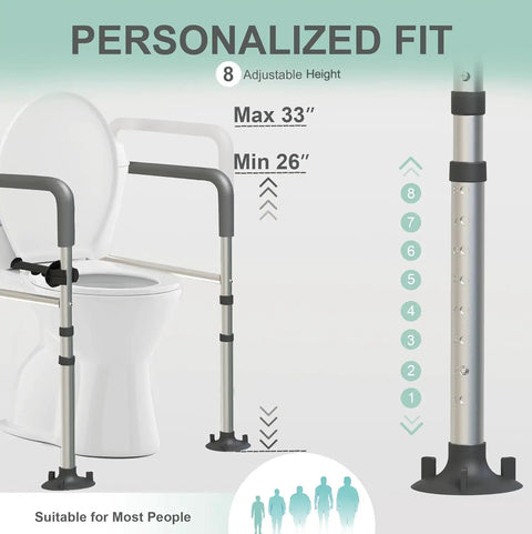Legit Rock Solid Toilet Safety Rails, 350 Lbs Capacity Adjustable Grab Bars showing adjustable height settings from 26 to 33 inches.