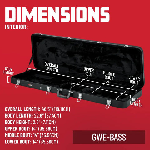 Hard Shell Wood Bass Case With Moisture Resistant Tolex Finish Built Tough Plywood Construction Secure Chrome Locking Latches Ergonomic Carry Handle Fits Electric Bass Guitars Including Precision And Jazz Bass Models And More. open case dimensions