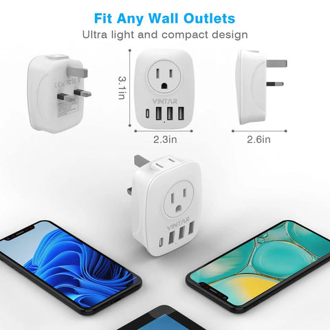 2 Pack US To UK Ireland Travel Plug Adapter Type G With 2 Outlets 3 USB Ports And 1 USB C showcased with dimensions.