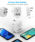 Six In One UK Travel Plug Adapter for US To UK use, front and side views, showing two outlets, three USB ports, USB-C port, 3.1in height.