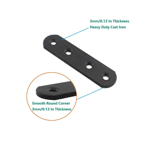 Heavy Duty Black Iron Flat Mending Plates For Wood, 4 Pack Sturdy Straight Brace Brackets with 3mm thickness and smooth round corner.