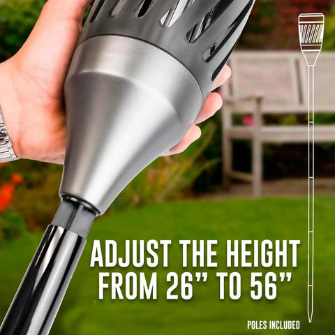 Hand holding Solar Powered Tiki Torch Lantern Zapper With Realistic Flickering Flame, adjustable height for yard and patio
