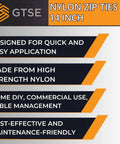 Infographic highlighting features of Beefy 14 Inch Zip Ties 100 Pack UV Resistant Nylon Self Locking Cable Ties 120Lb Strength Black.
