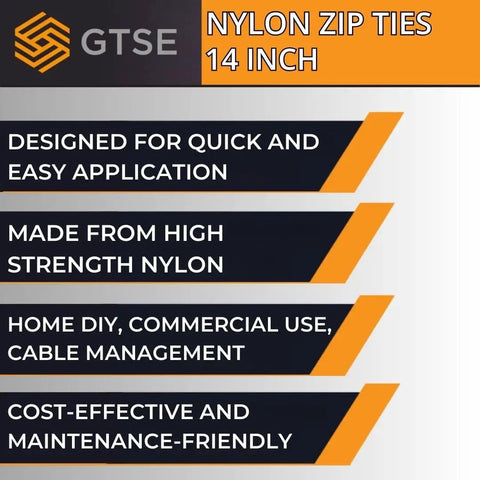 Infographic highlighting features of Beefy 14 Inch Zip Ties 100 Pack UV Resistant Nylon Self Locking Cable Ties 120Lb Strength Black.