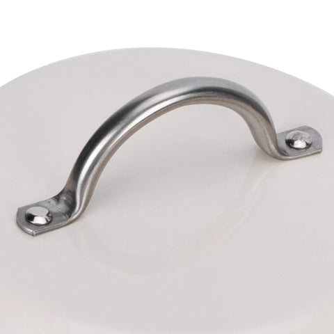 Close-up of silver handle on a powder coated kitchen storage jar lid from the three piece airtight jar set.