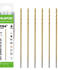 High Rated 7/64 X 6 Inch Extra Long Drill Bits 6 Pack Titanium Coated M2 High Speed Steel visible in packaging.