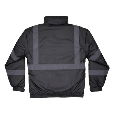 Back view of Enhanced Visibility Winter Jacket For Night And Low Light Conditions, Black, X Large, windproof with reflective tape