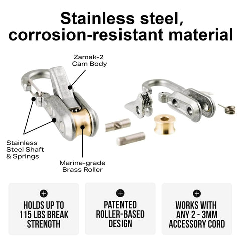 Stainless steel marine-grade rope tensioner with roller shown disassembled, highlighting corrosion-resistant materials, with text details.