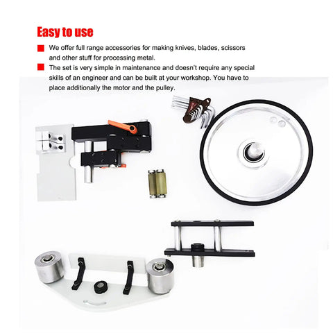 Badass 2HP Variable Speed Belt Sander And Knife Grinder Rig With accessories and parts for blade making on white background.