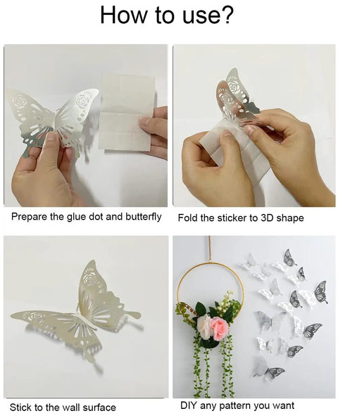 Steps to use 180 Pcs 3D Butterfly Wall Decor Kit in Gold Silver Rose Gold with 3 Styles and 3 Sizes for DIY projects