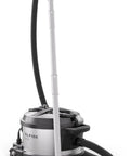 Professional Grade Heavy Duty Canister Vacuum With Smooth Suction Power And Dead Silent Motor Featuring Certified HEPA Filters Plus Zero Fuss Cord Swap For Easy Daily Cleanup, shown in silver and black.