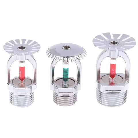 Rock Solid Brass Stainless Steel Fire Sprinkler Head With 57 68 79 93 Degree Adjustable Spray, three sizes with red and green indicators.