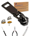 Beefy Zipper Pull Replacement Kit With Fixing Tools For Jackets Luggage Bags Tents And Outdoor Gear Durable Stainless Steel Zipper Slider Repair Solution Black Size 5, showing tools and components.