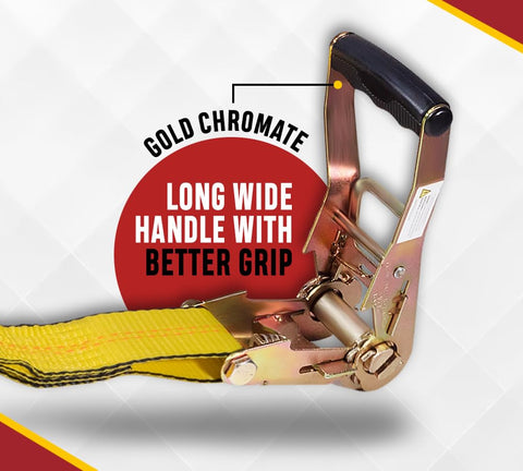 Close-up of Heavy Duty 10 Pack 2 Inch By 30 Foot Ratchet Tie Down Straps With Flat Hooks Yellow with gold chromate handle detail.