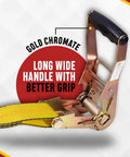 Beefy Heavy Duty 2 Inch By 30 Foot Ratchet Tie Down Straps With Flat Hooks Yellow 10000 Lbs Break Strength 4 Pack For Flatbed Truck Trailer And Pickup For Any Job showing gold chromate handle