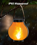 IP65 waterproof Gen 2 Solar Lanterns for outdoors with dual USB and solar charging, flame mode, hanging in rain