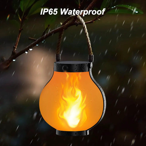 IP65 waterproof Gen 2 Solar Lanterns for outdoors with dual USB and solar charging, flame mode, hanging in rain