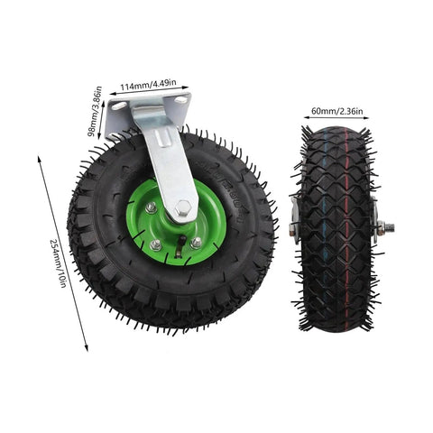 Heavy Duty 10 Inch Pneumatic Caster Set showing a ten inch rubber wheel with a green hub and metal bracket for hand trucks.