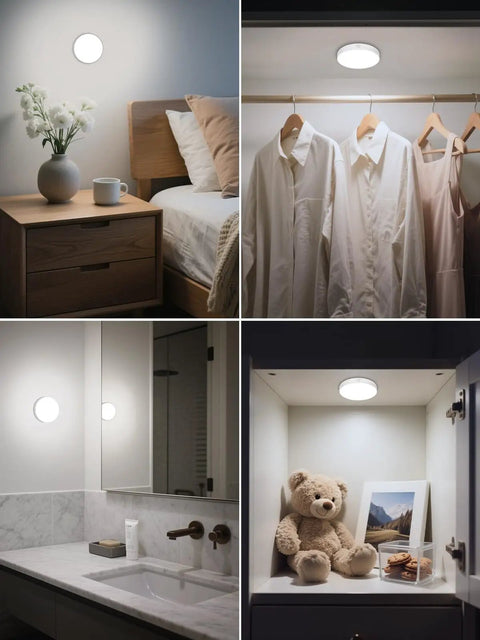 Dimmable Touch Light With Built In 1000mAh Battery Rechargeable LED Tap Lights illuminating bedside, wardrobe, bathroom, cabinet.