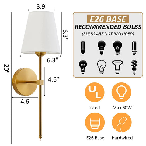 Retro Industrial Wall Sconces Set Of 2 With White Fabric Shade for Bathroom Vanity Bedroom Living Room Hallway and Kitchen