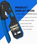 RJ45 RJ12 RJ11 Modular Crimp Tool for Cat5 Cat5e Cat6 Connectors with blue handle, displayed on a blue background