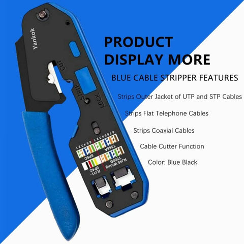 RJ45 RJ12 RJ11 Modular Crimp Tool for Cat5 Cat5e Cat6 Connectors with blue handle, displayed on a blue background