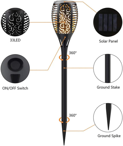 Outdoor Solar Torch Lights 4 Pack With Dancing Flame LEDs That Look Totally Lit Waterproof Garden Pathway Lights showing components