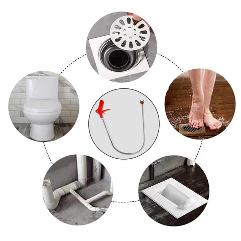 Central 51 Inch Toilet Snake Clog Remover With 4 Claws Bendable Hose, surrounded by drain, toilet, pipe, and shower visual applications.