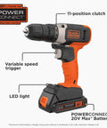 20V Max Cordless Drill And Driver With Long Battery Life, 11 Adjustable Clutch Settings For Precise Torque, LED Work Light, Easy Grip