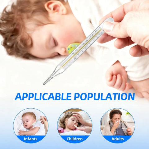 Glass Oral Thermometer 2 Pack For Adults And Kids, Fast Reading Fever Indicator, Dual Fahrenheit And Celsius Scales, Armpit Or Oral Use, Easy To Clean Glass Thermometers For Home Health, shown measuring a sleeping child