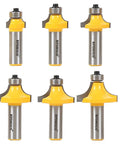 Pro Gear Six Piece Roundover Router Bit Set With One Half Inch Shank And Beefy Tungsten Carbide Cutters For Snappy Woodworking Jobs And Totally Silky Smooth Edges, six router bits, yellow and silver, on white background.