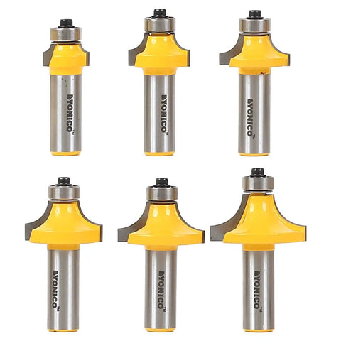 Pro Gear Six Piece Roundover Router Bit Set With One Half Inch Shank And Beefy Tungsten Carbide Cutters For Snappy Woodworking Jobs And Totally Silky Smooth Edges, six router bits, yellow and silver, on white background.