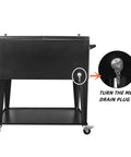 Black 80 Quart Rolling Cooler Cart with wheels for outdoor parties and backyard barbecues, features metal drain plug