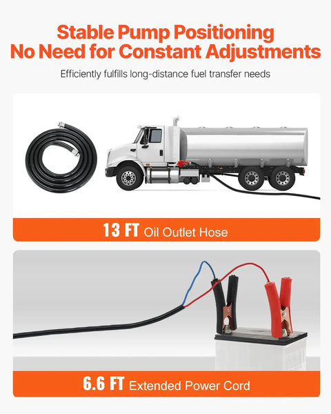 Diesel Fuel Transfer Pump Kit 12V 10 GPM with hose and power cord next to tanker truck for stable fueling
