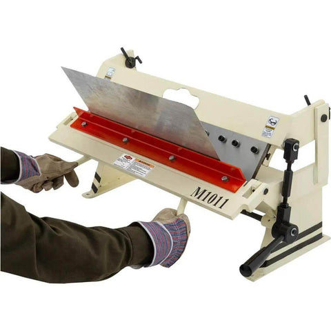 24 Inch Box And Pan Brake For Sheet Metal, Heavy Duty 20 Gauge Capacity, 0 To 135 Degree Bend, 91 Pound Unit Being Used By Worker