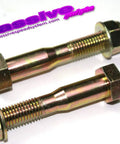 Heavy Duty Panhard Bar Mounting Hardware Kit 82-02 F Body For Camaro And Firebird Includes Bolts Nuts Screws Shoulder Kit Coated In Zinc Yellow Dichromate With Upgraded Nylock Nuts For Superior Rust Resistance. Two zinc-coated shoulder bolts with nuts on white background.
